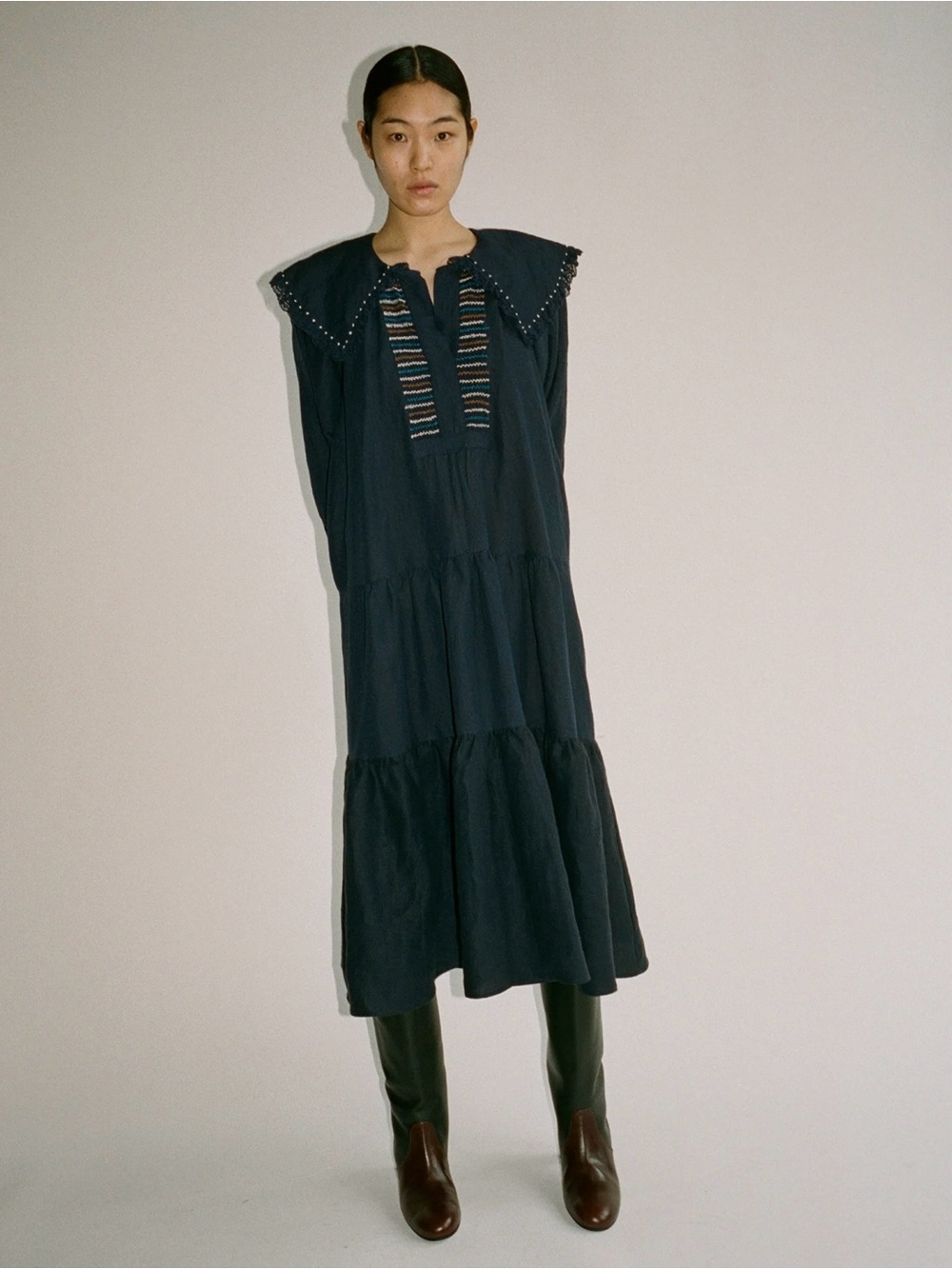 NWT Sea New York Luna Linen Cotton Navy Blue Long Sleeve Maxi Dress